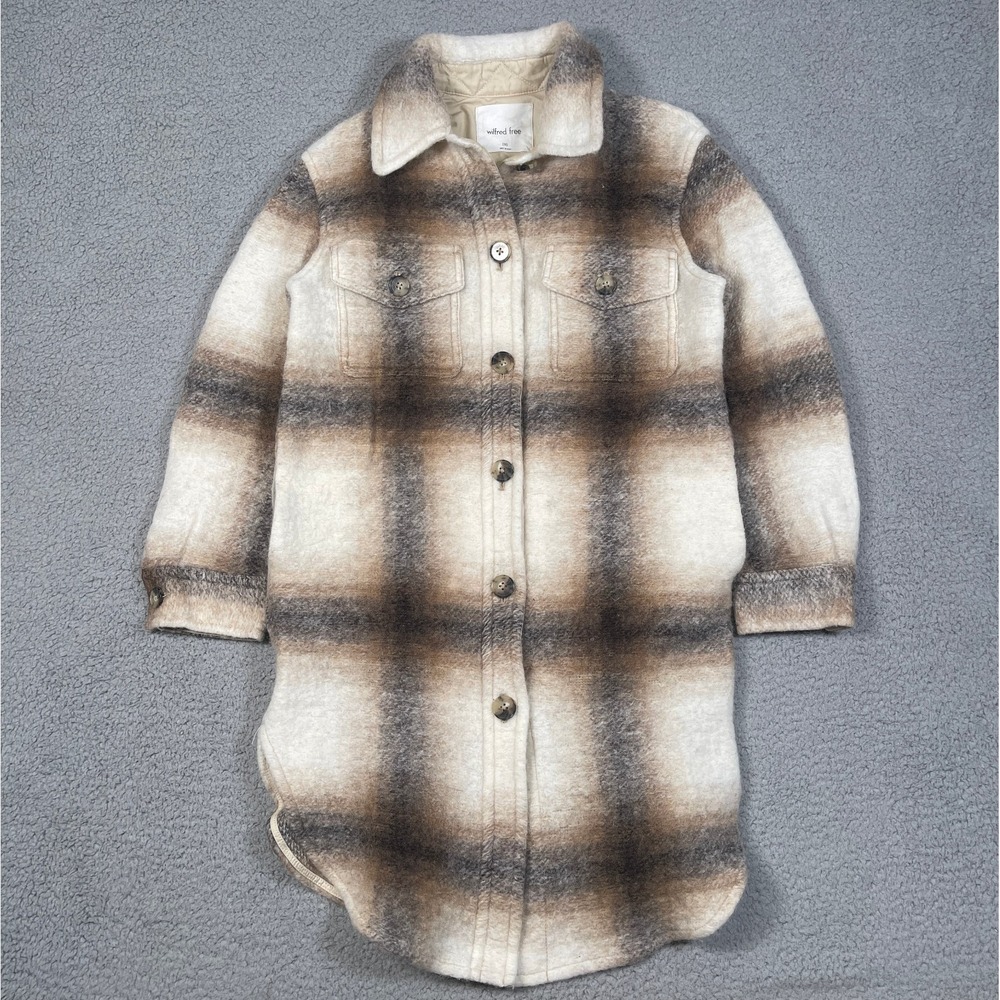 Aritzia Wilfred Free Wool Flannel Shirt Jacket Women 2XS Brown Plaid Long Length